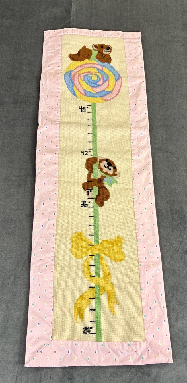 Vintage Needlepoint Growth Chart Pink Multi Bears Lollipop Bow Fabric Backed